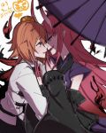  2girls blush chaldea_uniform commentary_request elizabeth_bathory_(fate)_(all) face-to-face fate/grand_order fate_(series) from_side fujimaru_ritsuka_(female) hair_between_eyes hair_ornament hair_scrunchie hollomaru imminent_kiss long_hair multiple_girls oni_horns open_mouth orange_hair pink_hair pointy_ears scrunchie smile sweat upper_body very_long_hair yellow_scrunchie yuri 