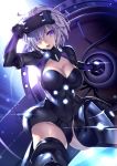 1girl armor armored_dress breasts cleavage cleavage_cutout facing_viewer fate/grand_order fate_(series) hair_over_one_eye heirou holding_shield large_breasts lavender_hair looking_at_viewer mash_kyrielight open_mouth purple_hair shield short_hair thigh-highs violet_eyes visor 