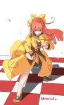  1girl checkered checkered_floor chiyoganemaru_(tenka_hyakken) closed_mouth japanese_clothes long_hair orange_eyes orange_hair serious simple_background solo sword tenka_hyakken tominofujin twitter_username weapon white_background wind 