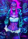  1girl absurdres akali asymmetrical_clothes bandeau bangle baseball_cap belt belt_buckle bodypaint bracelet breasts buckle choker covered_mouth cropped_jacket earrings face_mask graffiti hands_in_pockets hat highres idol inverted_colors jacket jewelry k/da_(league_of_legends) k/da_akali league_of_legends looking_at_viewer mask midriff monori_rogue navel necklace open_clothes open_jacket pants pink_hair raver single_pantsleg small_breasts solo toned ultraviolet_light yellow_eyes 