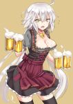  1girl ahoge alcohol alternate_costume apron beer beer_mug blush breasts cleavage commentary_request corset cup dirndl fate/grand_order fate_(series) german_clothes holding holding_cup jeanne_d&#039;arc_(alter)_(fate) jeanne_d&#039;arc_(fate)_(all) long_hair looking_at_viewer oktoberfest open_mouth puffy_short_sleeves puffy_sleeves short_sleeves silver_hair solo taishi_(moriverine) underbust waist_apron waitress yellow_eyes 