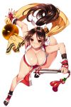  1girl ass bare_shoulders bent_over blush breasts brown_hair cleavage commentary_request fan fatal_fury gloves high_ponytail highres large_breasts long_hair looking_up nail_polish parted_lips shiranui_mai simple_background solo tamiya_akito the_king_of_fighters thighs white_background 