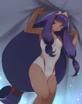  1girl blush casual_one-piece_swimsuit cis05 covered_navel dark_skin facial_mark fate/grand_order fate_(series) floating_hair from_below hairband long_hair nitocris_(fate/grand_order) one-piece_swimsuit open_mouth ponytail purple_hair solo standing swimsuit very_long_hair violet_eyes white_swimsuit 