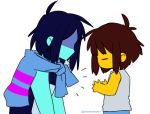  2others =_= blue_hair blue_skin brown_hair deltarune emphasis_lines frisk_(undertale) kris_(deltarune) long_sleeves messy_hair multiple_others nenekantoku shaded_face shirt simple_background striped striped_shirt twitter_username undershirt undertale upper_body white_background yellow_skin 