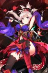  1girl armpits bangs black_legwear blue_eyes blue_sleeves breasts cleavage detached_sleeves dual_wielding fate/grand_order fate_(series) floating_hair hair_ornament highres holding holding_sword holding_weapon katana large_breasts long_hair long_sleeves miyamoto_musashi_(fate/grand_order) navel navel_cutout sheath silver_hair solo swept_bangs sword takehana_note thigh-highs weapon wide_sleeves 