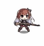  1girl animated animated_gif blue_hair boots crossover girls_frontline gloves gun hair_ribbon lowres multicolored_hair pointing red_eyes redhead ribbon riela_marcellis saru senjou_no_valkyria senjou_no_valkyria_3 solo two-tone_hair weapon 