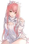  1girl :p bangs between_legs blush breasts brown_eyes cleavage cleavage_cutout closed_mouth commentary eyebrows_visible_through_hair fate/grand_order fate_(series) hair_between_eyes hand_between_legs hand_up head_tilt hitsukuya long_hair long_sleeves medb_(fate)_(all) medb_(fate/grand_order) meme_attire open-chest_sweater pink_hair ribbed_sweater simple_background sitting smile solo sweater tongue tongue_out turtleneck turtleneck_sweater v-shaped_eyebrows very_long_hair white_background white_sweater 