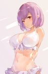  1girl arms_behind_back bangs bikini blush breasts cleavage closed_mouth commentary_request eyebrows_visible_through_hair frilled_bikini frills front-tie_top hana_mori highres large_breasts lavender_hair looking_at_viewer navel red_eyes shinjou_akane short_hair solo ssss.gridman standing swimsuit white_bikini 