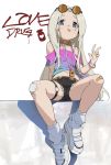  1girl :p blonde_hair blue_eyes bracelet cutoffs english eyewear_on_head highres jewelry long_hair looking_at_viewer midriff navel original piercing shoes short_shorts shorts sneakers socks solo sunglasses tongue tongue_out tongue_piercing v very_long_hair waterkuma white_legwear 