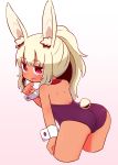  1girl :d animal_ear_fluff animal_ears ass bangs bare_shoulders blonde_hair blush bunny_girl bunny_tail bunnysuit cropped_legs eyebrows_visible_through_hair fingernails gradient gradient_background hair_between_eyes heart heart-shaped_pupils high_ponytail highres leaning_forward leotard long_hair looking_at_viewer looking_back naga_u open_mouth original pink_background ponytail purple_leotard rabbit_ears red_eyes sidelocks smile solo strapless strapless_leotard symbol-shaped_pupils tail tan white_background wrist_cuffs 