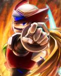  android blonde_hair blue_eyes capcom gloves grin helmet inualet33 long_hair looking_at_viewer looking_back male_focus open_mouth pointing pointing_at_viewer rockman rockman_x smile solo upper_body white_gloves zero_(rockman) 