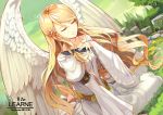  1girl blonde_hair character_name closed_eyes copyright_name dress fire_emblem fire_emblem:_akatsuki_no_megami hand_on_own_chest highres kurosawa_tetsu leanne long_hair long_sleeves nintendo sitting smile solo very_long_hair white_dress white_wings wide_sleeves wings 