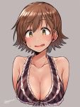  1girl bangs bare_shoulders bikini_top blush breasts brown_eyes brown_hair cleavage collarbone eyebrows_visible_through_hair frilled_bikini_top front-tie_bikini front-tie_top gojarun hair_between_eyes highres honda_mio idolmaster idolmaster_cinderella_girls large_breasts looking_at_viewer open_mouth short_hair simple_background solo tan tanline twitter_username upper_body 