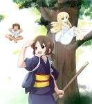  1boy 2girls akino_miyo broom brown_eyes buck_teeth closed_eyes dress floating ghost highres japanese_clothes kimono moro_(like_the_gale!) multiple_girls ponytail seki_oriko short_ponytail shorts tachiuri_makoto tan tasuki tree wakaokami_wa_shougakusei white_dress wide_sleeves 