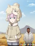  1boy 1girl alpaca_ears alpaca_suri_(kemono_friends) alternate_costume animal_ears beard blue_eyes blue_sky clouds commentary_request dark_skin dark_skinned_male day facial_hair highres hood hoodie jabari_parker kantai_collection kemono_friends misumi_(niku-kyu) mustache pink_hair pun real_life shiranui_(kantai_collection) short_hair shorts sky twitter_username 