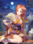  1girl breasts brown_hair company_name copyright_request earrings fan fence floral_print flower full_moon hair_flower hair_ornament holding holding_fan horns japanese_clothes jewelry kimono long_hair looking_at_viewer medium_breasts moon night night_sky official_art orange_kimono outdoors paper_fan plant pointy_ears potted_plant sitting sky smile tree violet_eyes wide_sleeves yamyom 
