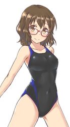  1girl aimobake bespectacled black_swimsuit brown_eyes brown_hair competition_swimsuit cowboy_shot glasses idolmaster idolmaster_cinderella_girls looking_at_viewer namiki_meiko one-piece_swimsuit red-framed_eyewear short_hair simple_background smile solo swimsuit wavy_hair white_background 