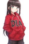 1girl bangs black_pants blunt_bangs blush brown_hair character_name closed_mouth clothes_writing commentary drawstring eyebrows_visible_through_hair green_eyes hair_ornament hairclip hands_in_pocket head_tilt highres hood hood_down hoodie kurosawa_dia long_hair long_sleeves love_live! love_live!_sunshine!! mole mole_under_mouth pants red_hoodie sidelocks simple_background sin_(sin52y) smile solo very_long_hair white_background 