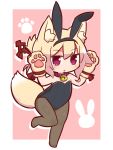  1girl :o animal_ear_fluff animal_ears bangs bare_shoulders bell bell_collar black_hairband black_leotard blonde_hair blush brown_collar brown_legwear chibi collar commentary_request eyebrows_visible_through_hair fake_animal_ears fox_ears fox_girl fox_tail full_body gloves hair_between_eyes hair_ornament hairband hands_up highres jingle_bell kemomimi-chan_(naga_u) leotard naga_u no_shoes original pantyhose parted_lips paw_gloves paws pink_background rabbit_ears red_eyes sidelocks solo standing standing_on_one_leg strapless strapless_leotard tail two-tone_background white_background 