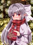  1girl 2018 blush bow box capelet christmas dated dot_zip eyebrows_visible_through_hair gift gift_box hair_bow highres holding holding_box long_hair looking_at_viewer melty_blood pointy_ears red_eyes red_scarf scarf scarf_over_mouth shiny shiny_hair silver_hair solo tsukihime upper_body white_bow white_capelet white_coat white_len 