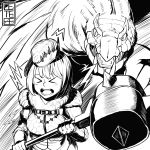  1girl absurdres armor blush cete_(controllingtime) greyscale hammer highres monochrome monster_hunter monster_hunter:_world open_mouth screaming solo tobi-kadachi tobi-kadachi_(armor) 