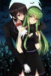  1boy 1girl arm_around_neck bat black_dress black_gloves black_hair black_hairband black_jacket blush bow bowtie breast_grab breasts c.c. cleavage code_geass cowboy_shot dress dress_shirt elbow_gloves fangs_out formal full_moon gloves grabbing green_hair hair_over_one_eye hairband halloween halloween_costume hand_holding head_tilt highres jacket lelouch_lamperouge long_hair lucky_keai medium_breasts moon night open_mouth outdoors purple_hair red_bow shiny shiny_hair shirt short_dress sleeveless sleeveless_dress slit_pupils standing strapless strapless_dress striped tongue tongue_out vampire vertical-striped_dress vertical_stripes very_long_hair white_gloves white_shirt yellow_eyes 