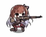  1girl animated animated_gif blue_hair boots crossover firing girls_frontline gloves gun hair_ribbon kneeling lowres multicolored_hair redhead ribbon riela_marcellis rifle saru senjou_no_valkyria senjou_no_valkyria_3 skirt solo two-tone_hair weapon 