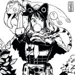  1girl absurdres armor cete_(controllingtime) chewing_gum greyscale highres monochrome monster_hunter monster_hunter:_world pukei-pukei pukei-pukei_(armor) solo tongue 