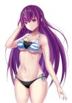  1girl bikini black_bikini_bottom breasts cleavage collarbone cosplay cowboy_shot fate/grand_order fate_(series) long_hair looking_at_viewer medium_breasts mismatched_bikini navel purple_hair red_eyes ryuunonon scathach_(fate)_(all) scathach_(fate/grand_order) side-tie_bikini simple_background solo ssss.gridman standing striped striped_bikini swimsuit takarada_rikka takarada_rikka_(cosplay) tiara white_background 