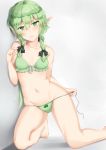  1girl bare_shoulders barefoot black_bow bow bow_panties bra breasts collarbone elf eyebrows_visible_through_hair feet frilled_bra frills goblin_slayer! green_bra green_eyes green_hair green_panties hair_bow half-closed_eyes high_elf_archer_(goblin_slayer!) highres hips kneeling long_hair looking_at_viewer low_ponytail mengo navel panties pointy_ears side-tie_panties sidelocks small_breasts solo stomach underwear untied untied_panties 