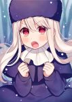  1girl bangs blurry blurry_background blush clenched_hands depth_of_field dress eyebrows_visible_through_hair fate/stay_night fate_(series) fur_hat hair_between_eyes hands_up hat illyasviel_von_einzbern karokuchitose light_brown_hair long_hair long_sleeves looking_at_viewer open_mouth purple_capelet purple_dress purple_hat red_eyes snow solo v-shaped_eyebrows white_neckwear 