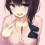  1girl :d bangs between_breasts black_bow black_hair blush bow breasts button_gap buttons cccpo cleavage collarbone collared_shirt commentary_request food hand_up large_breasts long_sleeves looking_to_the_side open_mouth original pink_background pink_shirt pocky pocky_day shirt shirt_pull simple_background smile solo teeth upper_body violet_eyes 