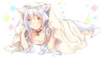  1girl 3: ahoge animal_ears barefoot blanket blue_eyes blush camisole cat_ears cat_tail catulus_syndrome choker closed_mouth collarbone colored_eyelashes commentary_request full_body furrowed_eyebrows heterochromia highres long_hair looking_at_viewer lying official_art on_stomach orange_eyes shinonome_neko-tarou shirakaba_yuki silver_hair simple_background soles solo tail tears under_covers white_background 