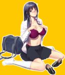  1girl akiyama_mio bag baiyin black_footwear black_skirt blue_eyes blue_hair blush bra breasts duffel_bag frilled_bra frills full_body hands_on_own_breasts highres k-on! kneehighs large_breasts long_hair looking_at_viewer navel orange_background purple_bra shoes_removed sitting skirt underwear wariza white_legwear 