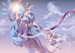  2girls :o absurdres animal_ears arm_up blue_short blue_wings bow breasts brown_hair child clouds feathers grabbing hair_bow hair_feathers highres hihisou_(pan-kun) looking_at_another medium_breasts midair multicolored_hair multiple_girls orb pink_bow pink_shirt puffy_shorts rabbit_ears red_eyes red_ribbon ribbon shirt shoes short_sleeves shorts sky streaked_hair tassel updo wings 