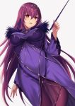  1girl ass_visible_through_thighs bangs breasts commentary_request covered_navel dress dutch_angle eyebrows_visible_through_hair fate/grand_order fate_(series) fur-trimmed_dress fur_trim grey_background hair_between_eyes harimoji headpiece holding holding_wand large_breasts long_hair long_sleeves purple_dress purple_hair red_eyes scathach_(fate)_(all) scathach_skadi_(fate/grand_order) see-through simple_background solo very_long_hair wand wide_sleeves 