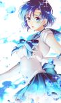  1girl :o back_bow backlighting bishoujo_senshi_sailor_moon blue_bow blue_eyes blue_hair blue_neckwear blue_sailor_collar blue_skirt bow brooch choker circle cowboy_shot elbow_gloves gloves jewelry looking_at_viewer magical_girl mizuno_ami open_mouth pleated_skirt rera_(12169432) sailor_collar sailor_mercury sailor_senshi_uniform short_hair skirt solo water white_background white_gloves 