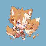  1boy :3 :d animal_ears armor artist_name bangs black_gloves blue_background blue_eyes blush brown_hair chibi commentary crossover dog_boy dog_ears dog_tail eevee eyeshadow fang fingerless_gloves full_body genshin_impact gloves gorou_(genshin_impact) grey_pants hair_between_eyes hair_ornament hand_up igote japanese_armor japanese_clothes kouhaku_nawa looking_at_viewer makeup mootecky multicolored_hair open_mouth pants pokemon pokemon_(creature) red_eyeshadow rope shimenawa shirt short_eyebrows short_hair shoulder_armor sidelocks simple_background smile sode streaked_hair tail thick_eyebrows two-tone_hair white_hair 