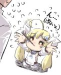  1boy 1girl admiral_(azur_lane) afterimage ahoge ahoge_wag arms_up azur_lane bangs bare_shoulders blonde_hair blush breasts brown_eyes chibi commentary_request detached_sleeves dress eldridge_(azur_lane) expressive_hair eyebrows_visible_through_hair facial_mark flying_sweatdrops food food_in_mouth fur_trim hair_ornament jacket long_hair mouth_hold out_of_frame outstretched_arms pocky puffy_short_sleeves puffy_sleeves shadow short_sleeves sleeveless sleeveless_dress small_breasts standing translated twintails u-non_(annon&#039;an) very_long_hair white_background white_dress white_jacket white_legwear white_sleeves 