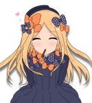  1girl ^_^ abigail_williams_(fate/grand_order) arms_behind_back atsumisu bangs black_bow black_dress black_hat blonde_hair blush bow closed_eyes closed_eyes commentary_request dress facing_viewer fate/grand_order fate_(series) food food_in_mouth hair_bow hat heart highres long_hair long_sleeves mouth_hold orange_bow parted_bangs pocky pocky_day pocky_kiss polka_dot polka_dot_bow shadow shared_food simple_background sleeves_past_fingers sleeves_past_wrists solo upper_body very_long_hair white_background 