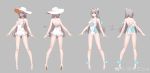  1girl armlet ass bare_legs breasts casual_one-piece_swimsuit character_sheet covered_navel eyebrows_visible_through_hair from_behind grey_background hair_ornament halterneck hat high_heels highres light_brown_hair long_hair looking_at_viewer medium_breasts multiple_views one-piece_swimsuit original simple_background smile smile_(mm-l) standing sun_hat swimsuit violet_eyes white_swimsuit 