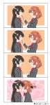  2girls 4koma aijou_karen akatsuki_rabbit black_hair blush bow bowtie breast_pocket brown_hair closed_eyes comic commentary_request crown_hair_ornament feeding food from_side highres kagura_hikari long_hair multiple_girls nose_blush pocket pocky pocky_day pocky_kiss seishou_music_academy_uniform shared_food shoujo_kageki_revue_starlight silent_comic sound_effects sparkle_hair_ornament surprised twitter_username two_side_up upper_body yuri 