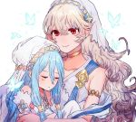  2girls aqua_(fire_emblem_if) aqua_hair bug butterfly closed_eyes closed_mouth female_my_unit_(fire_emblem_if) fire_emblem fire_emblem_heroes fire_emblem_if insect long_hair multiple_girls my_unit_(fire_emblem_if) nintendo pointy_ears red_eyes shourou_kanna simple_background sleeping smile veil white_background white_hair younger 