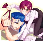  1boy 1girl all_fours asymmetrical_gloves bazett_fraga_mcremitz belt black_bra black_gloves black_pants blue_hair blush bra bra_removed brown_eyes clenched_teeth closed_eyes collarbone earrings fate/hollow_ataraxia fate_(series) girl_on_top gloves hair_over_shoulder holding_necktie jewelry lancer long_hair long_sleeves lying misoiri_(gokutsubushi) mole mole_under_eye necktie on_stomach pants ponytail purple_hair red_neckwear restrained shiny shiny_hair shirt short_hair short_sleeves simple_background single_glove smile sweatdrop teeth underwear white_background white_shirt 