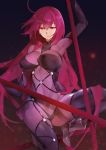  bodysuit breasts covered_navel dual_wielding fate/grand_order fate_(series) gae_bolg gradient gradient_background hair_intakes holding holding_weapon large_breasts leotard long_hair looking_to_the_side polearm purple_bodysuit purple_hair purple_leotard red_eyes scathach_(fate)_(all) scathach_(fate/grand_order) spear squatting weapon yostxxx 