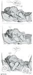  2girls bed blush comic diana_cavendish english highres hug kagari_atsuko little_witch_academia long_hair multiple_girls sketch ticcy yuri 