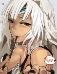  1girl altera_(fate) bare_shoulders black_nails commentary dark_skin fate/grand_order fate_(series) food food_in_mouth heart holding holding_food i-pan looking_at_viewer nail_polish pocky pocky_day poking red_eyes simple_background solo speech_bubble tan tattoo veil white_hair 