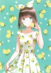  1girl :q absurdres aqua_background aqua_eyes arm_at_side artist_request bangs blue_eyes bob_cut bow brown_hair collarbone copyright_request cowboy_shot dot_nose dress earrings eyebrows_visible_through_hair food food_print fruit fruit_background hair_bow hair_ribbon highres hiten_(hitenkei) holding holding_food huge_filesize jewelry lemon lemon_print lemon_slice looking_at_viewer original print_bow print_dress print_ribbon ribbon short_hair skirt_hold sleeveless sleeveless_dress smile solo source_request standing tongue tongue_out white_dress 