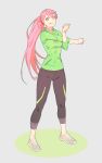  1girl akashi_(kantai_collection) alternate_costume alternate_hairstyle black_pants exercise full_body green_sweater grey_background highres hood hooded_sweater hoodie kantai_collection leggings long_hair looking_at_viewer pants pink_hair ponytail shoes simple_background sneakers solo standing stretch sweater tongue tongue_out yellow_eyes yoga_pants yuuji_(and) 