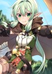  1girl asymmetrical_sleeves belt black_bow black_gloves blue_sky blush bow bow_(weapon) brown_shorts cloak corset crossbow elf gloves goblin_slayer! green_eyes green_hair half-closed_eyes high_elf_archer_(goblin_slayer!) hip_vent hood hooded_cloak lo_xueming looking_at_viewer outdoors pointy_ears shorts sidelocks sky smile tree weapon 